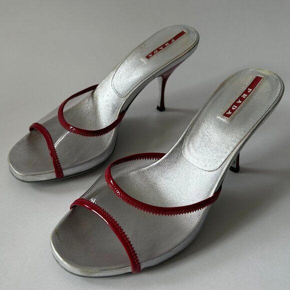 PRADA VINTAGE Y2K PVC RED SILVER HEELS - Picture 1 of 7